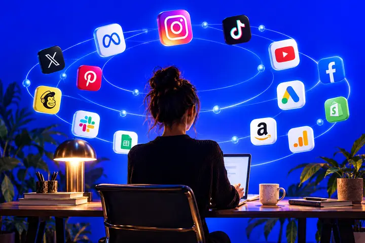 Übersichtlich angeordnete Integrations-App-Icons, die einen zentralen Marketing-Arbeitsbereich vor einem leuchtend elektrisch blauen Hintergrund umkreisen