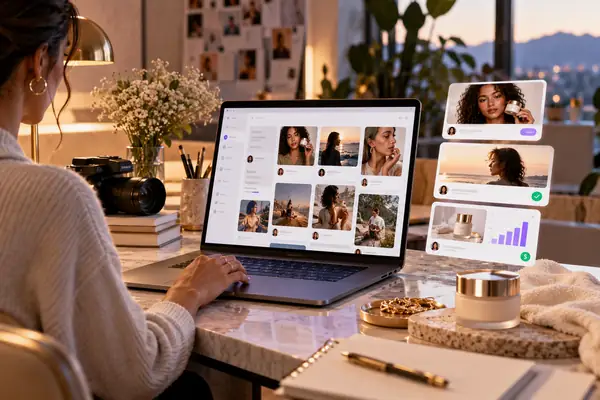Oberfläche einer Creator-Marktplatzkampagne neben einem Beauty-Produktfoto und übersichtlich angeordneten Karten für Bewerbungen, Freigaben und Verkäufe