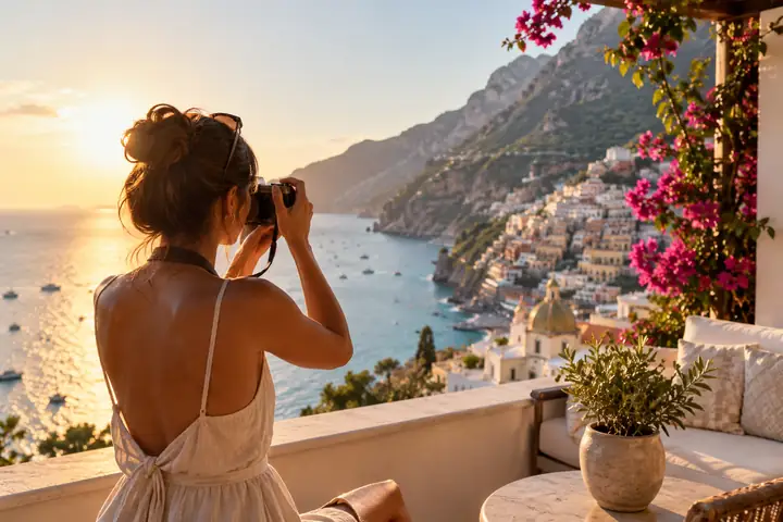 Travel-Creator beim Fotografieren von einer sonnigen Hotelterrasse aus