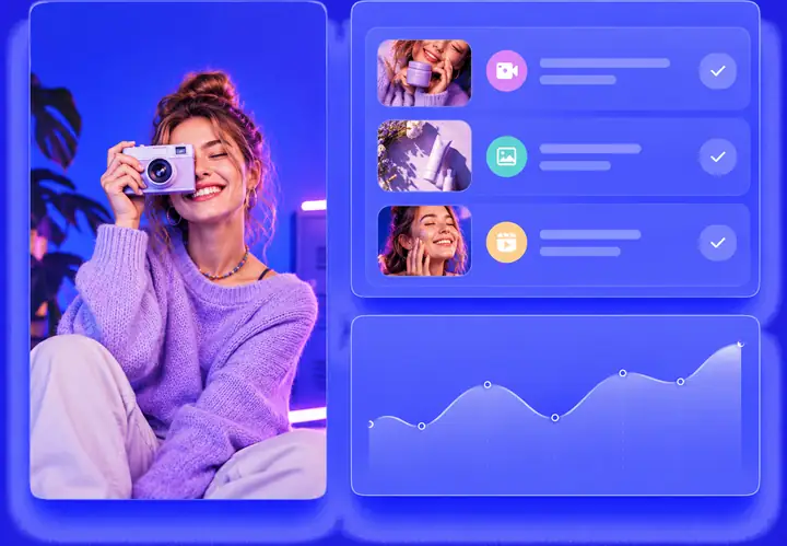 Karten einer Creator-Kampagne mit einem Creator-Porträt, Kampagnenaufgaben und einem Performance-Diagramm